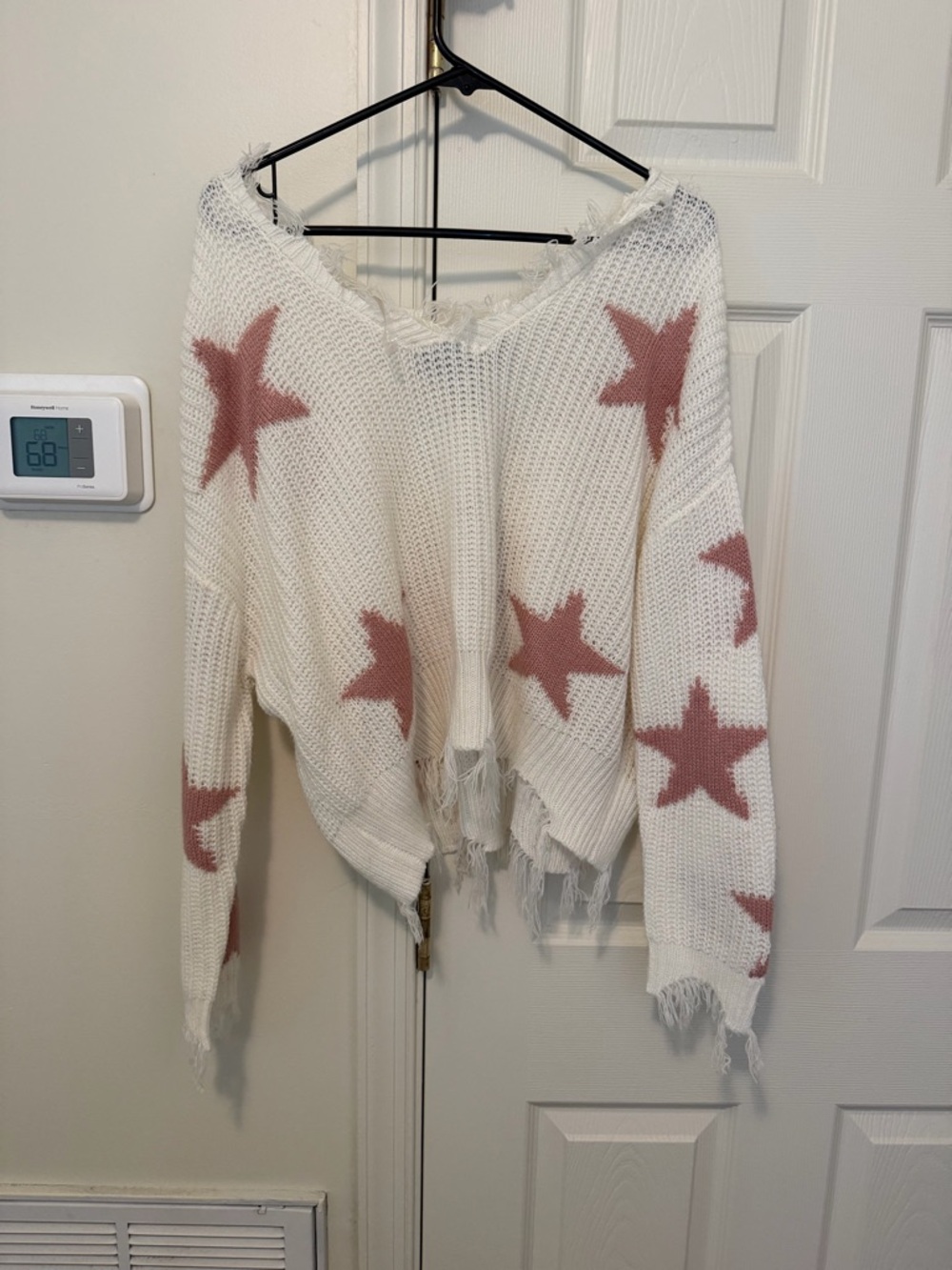 Polly & Esther Cream Knit V-Neck Sweater with Pink Stars